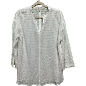 Eileen Fisher White Textured Grid Split Neck Tunic Top Size Small